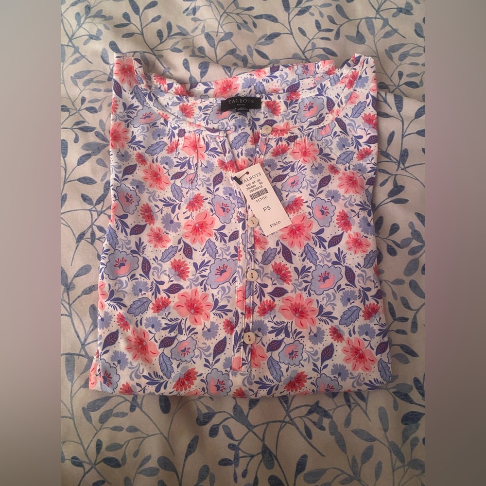 Talbots Floral Button-Front Blouse in Pink and Blue